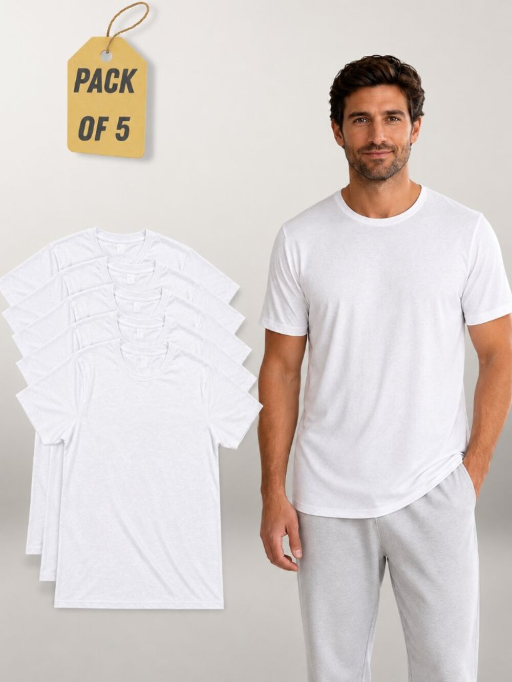 Men's 5-Pack White Crew Neck T-Shirts, Plain Basic Short Sleeve Tee Bundle